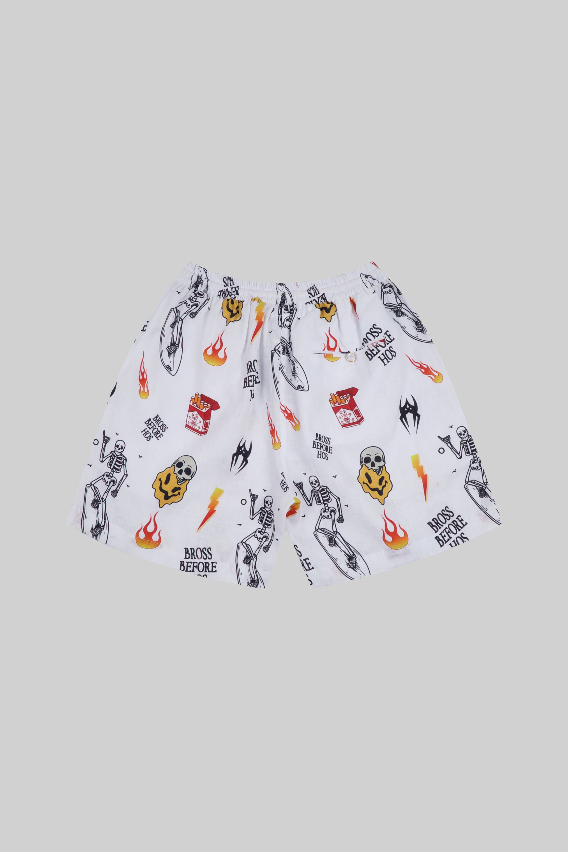 Light beige linen shorts with a printed “Basic” pattern from Bross Before Hos Boutique, casual comfortable pants.