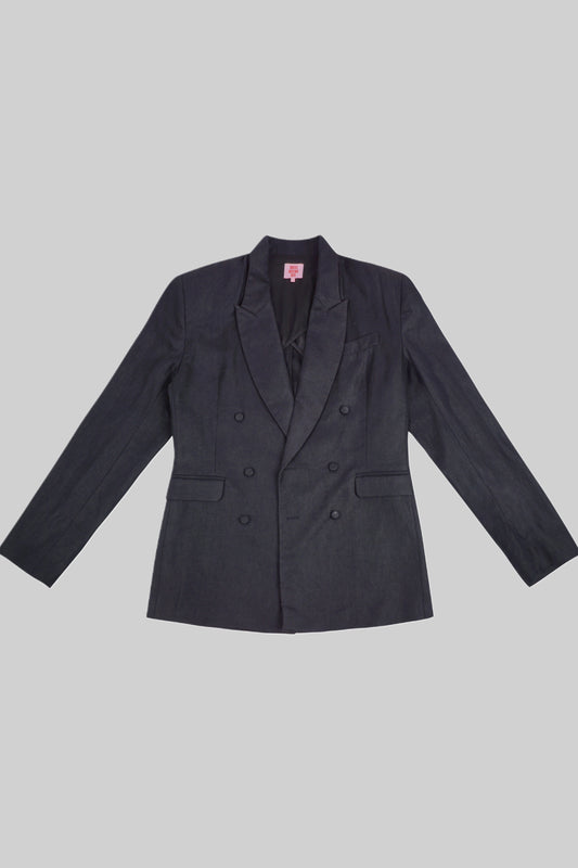 Black linen jacket from Bross Before Hos Boutique, shown on a hanger with close-up fabric texture and stylish design details.