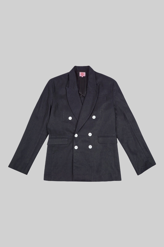Black linen jacket from Bross Before H Os Boutique, shown on a hanger with a relaxed fit and lightweight fabric.