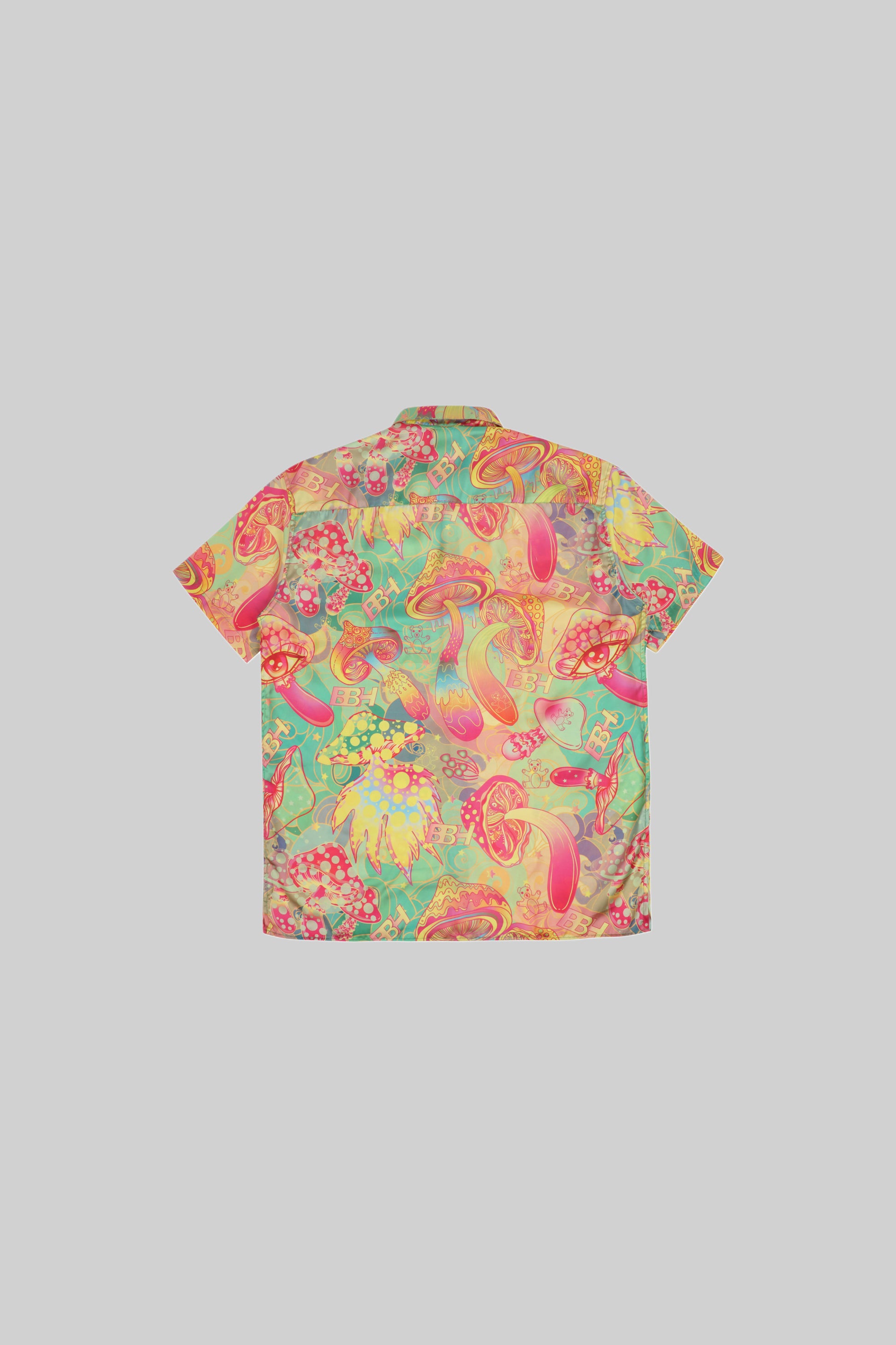 Mushroom print shirt from Bross Before Hos Boutique, stylish casual shirt with mushroom pattern, front view.