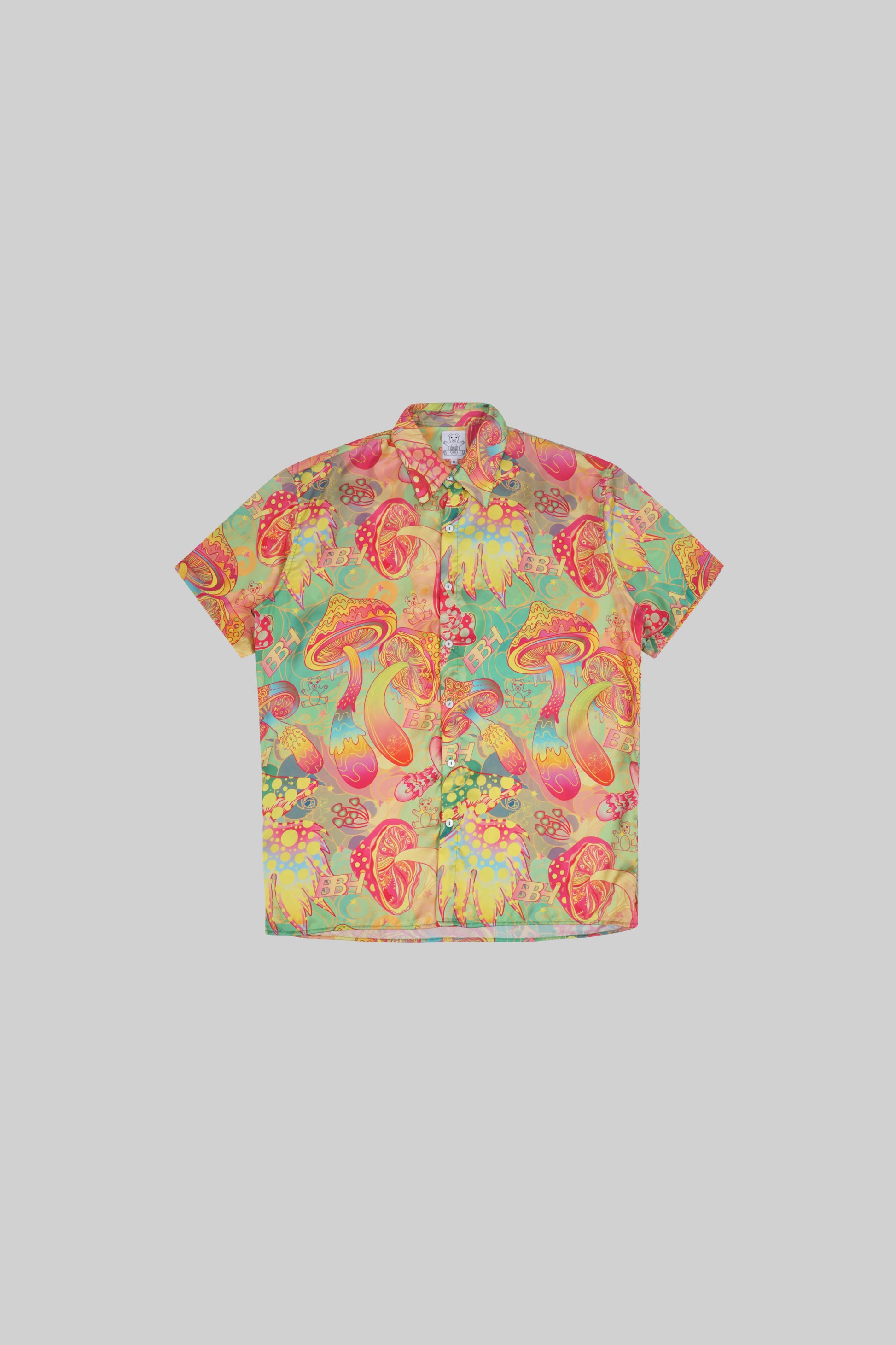 Mushroom print shirt by Bross Before Hos Boutique showing a casual, stylish design with mushroom pattern on fabric.