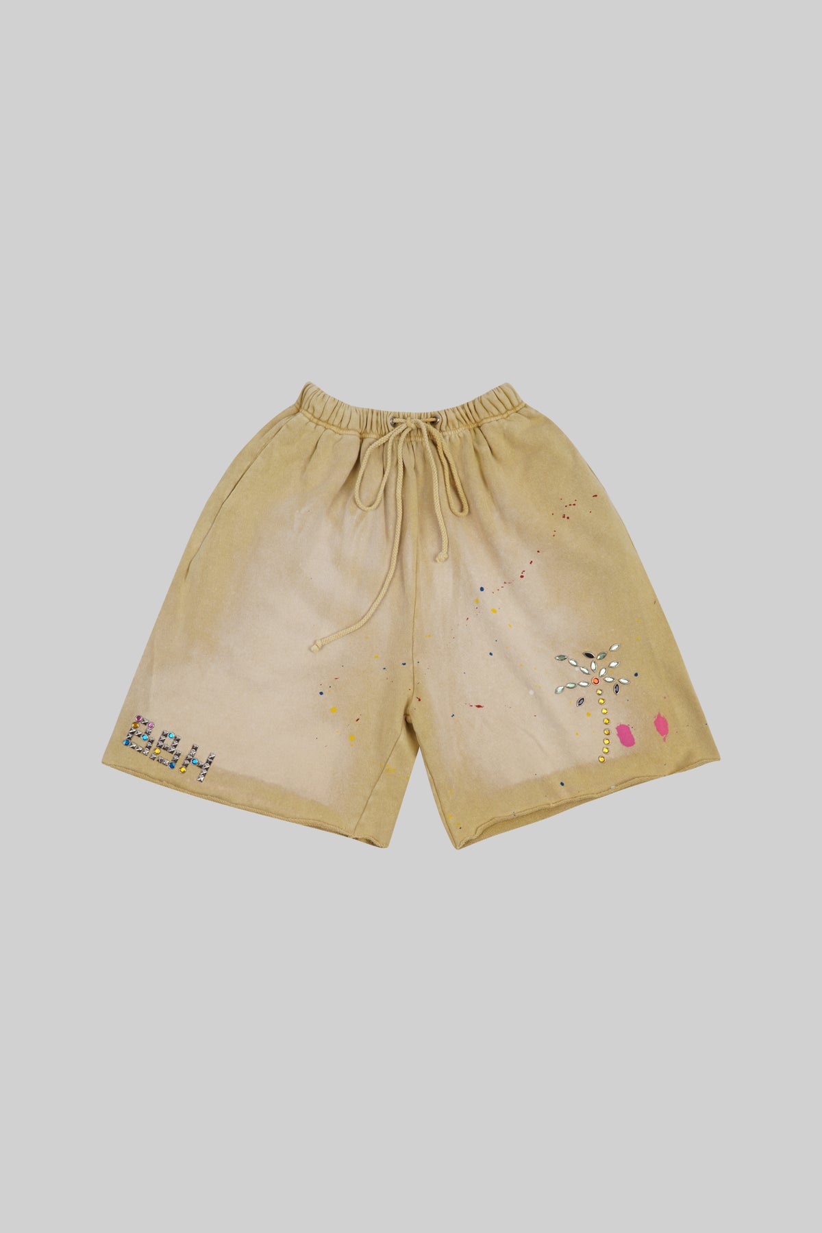 BROSS BEFORE HOS BOUTIQUE diamond-embellished shorts, stylish casual shorts with sparkling diamond details, front view.