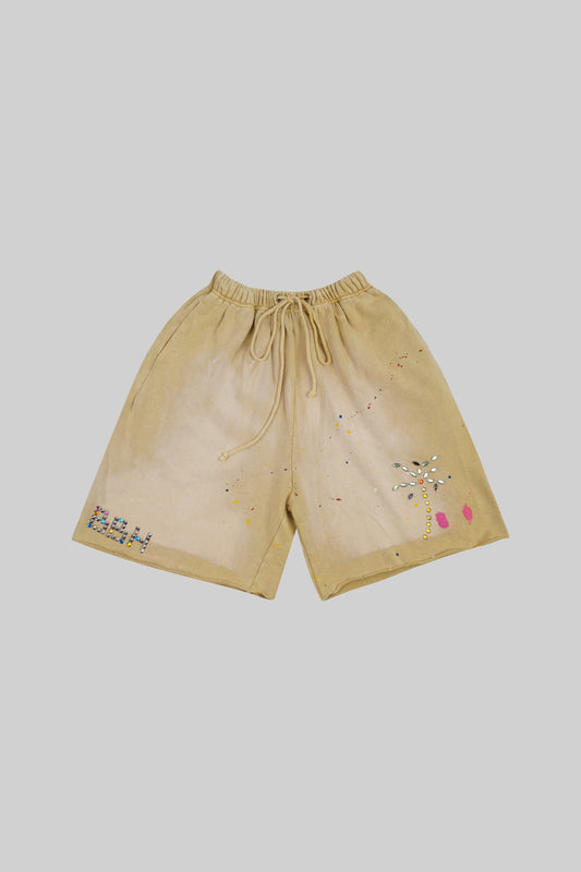 BROSS BEFORE HOS BOUTIQUE diamond-embellished shorts, stylish casual shorts with sparkling diamond details, front view.