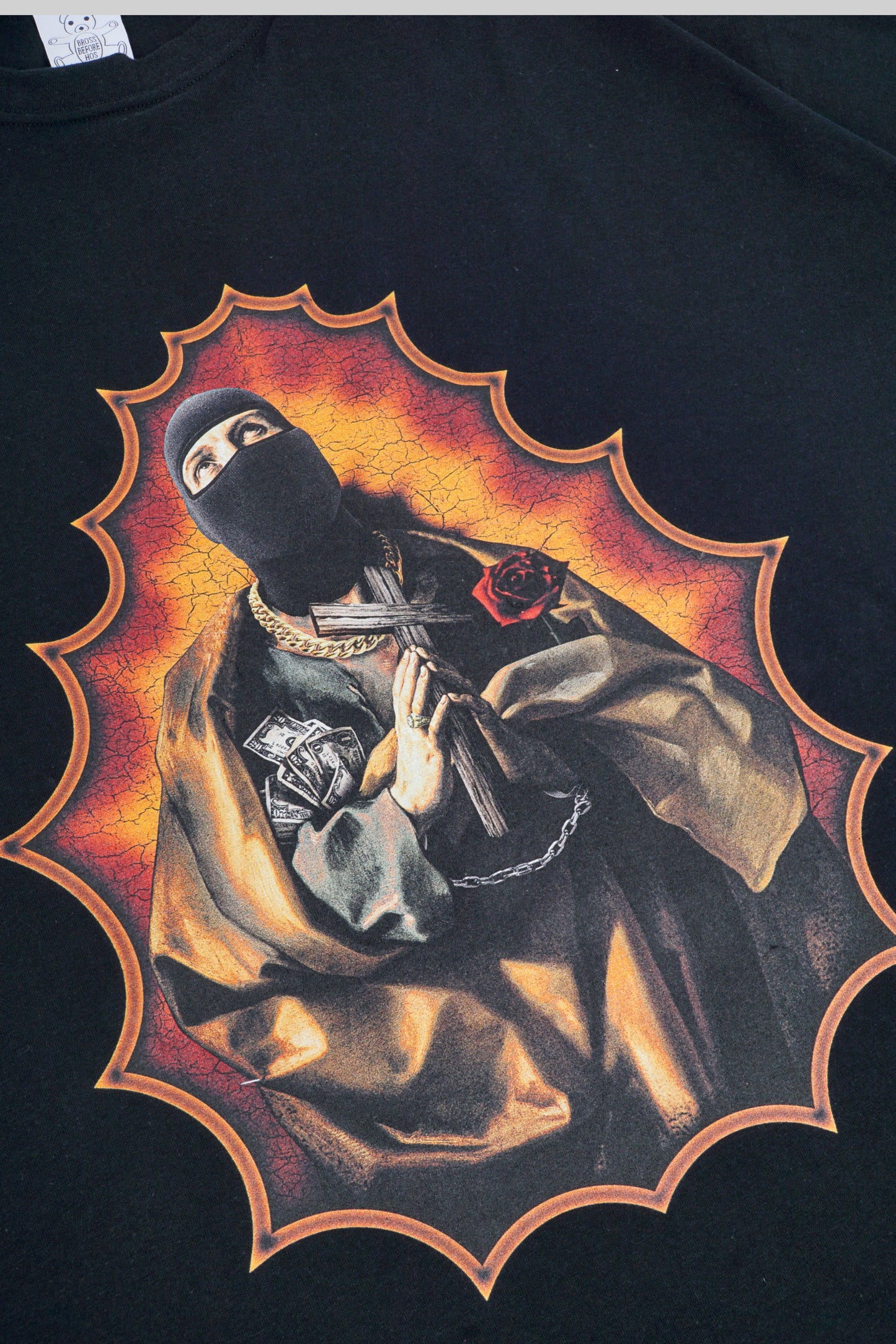 Black T-shirt with bold "TERRORIST" print from Bross Before Hos Boutique, casual streetwear style.