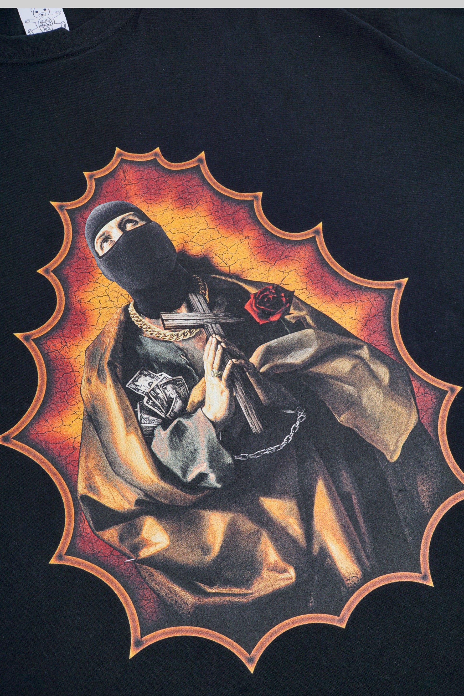 Black T-shirt with bold "TERRORIST" print from Bross Before Hos Boutique, casual streetwear style.