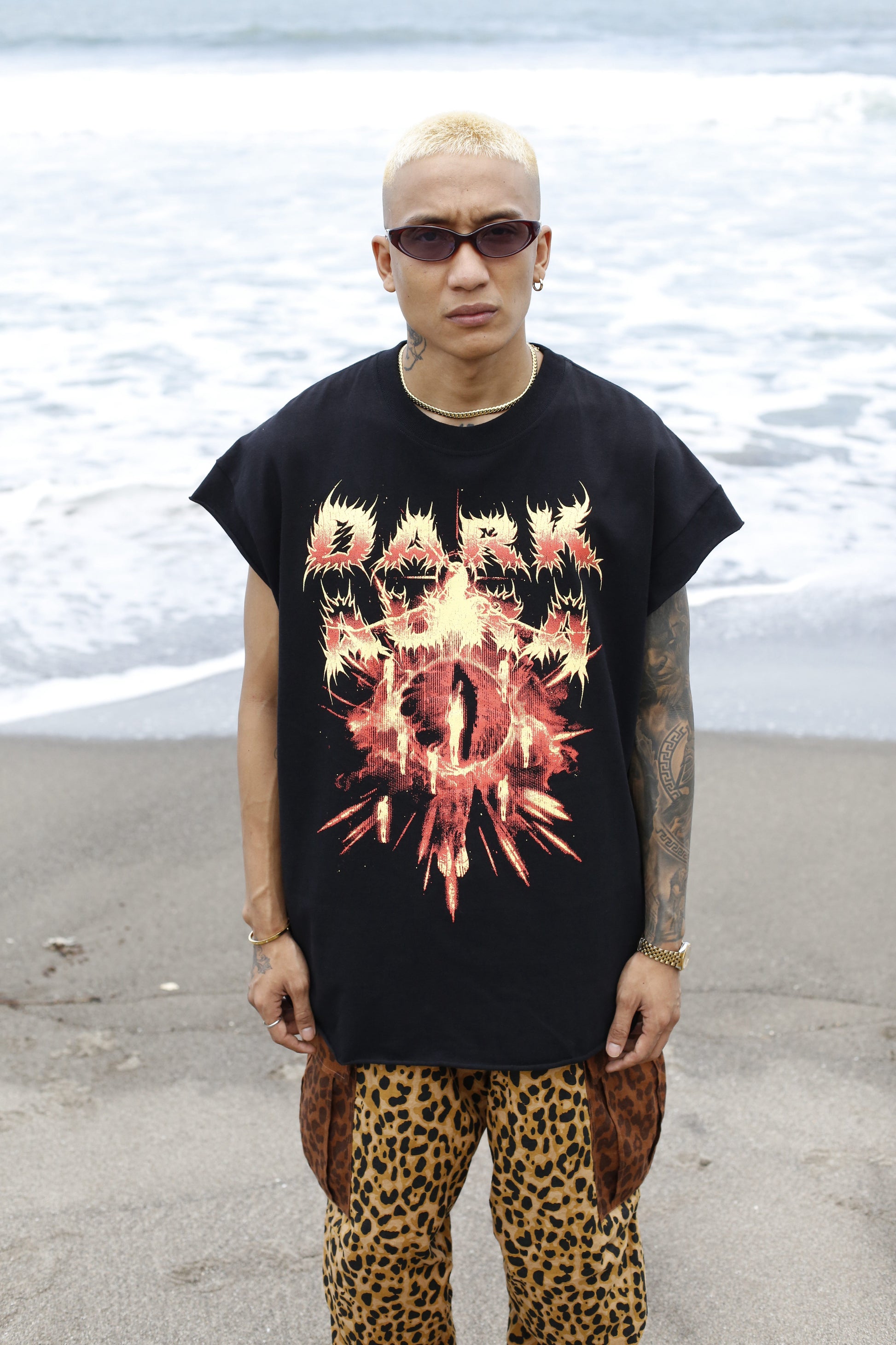 Black muscle top with "Dark" print from Bross Before Hos Boutique, featuring a sleeveless design and casual fit.
