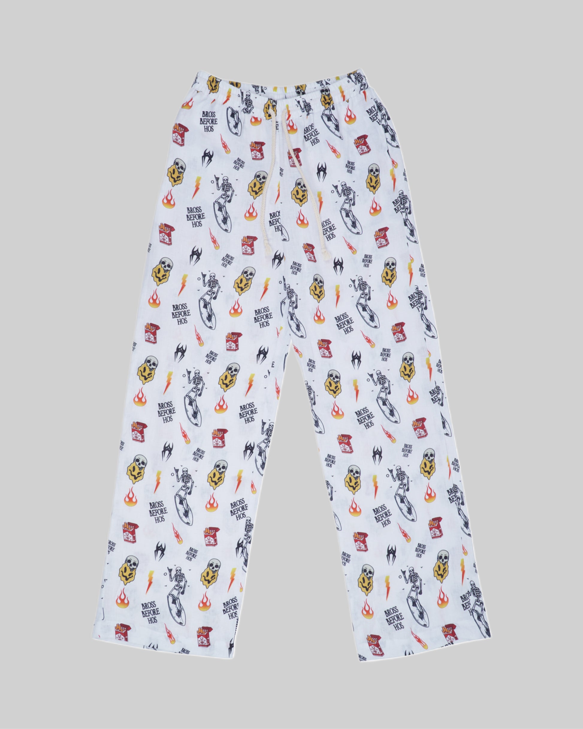 White straight-fit linen printed pants from Bross Before HOS Boutique, featuring a comfortable, stylish design and tailored fit.