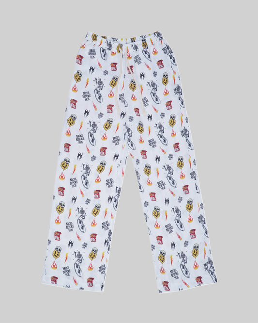 White straight-fit linen printed pants from Bross Before HOS Boutique, featuring a comfortable, stylish design and tailored fit.