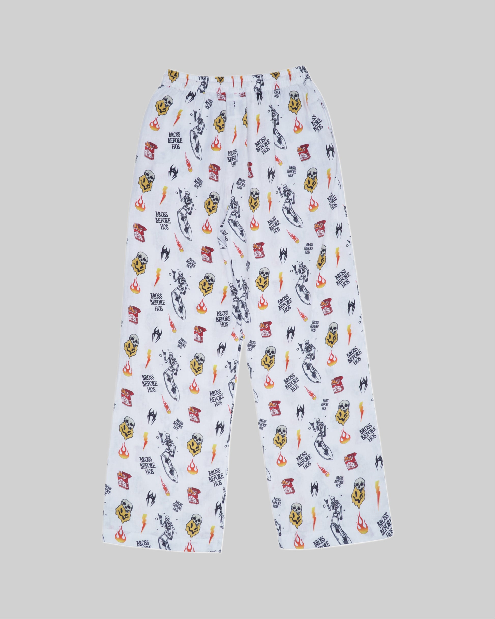White straight fit linen printed pants by Bross Before HOS Boutique, featuring lightweight fabric and stylish design.