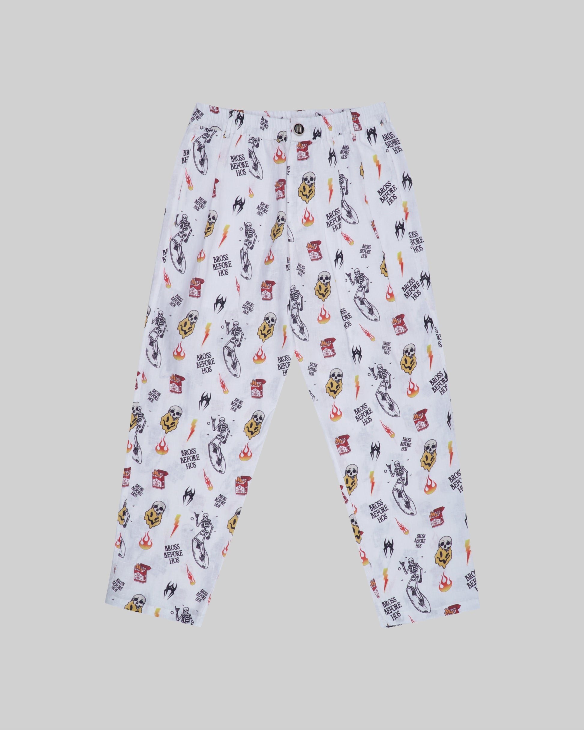 Relaxed fit linen printed pants in white from Bross Before Hos Boutique, featuring a comfortable, stylish design.