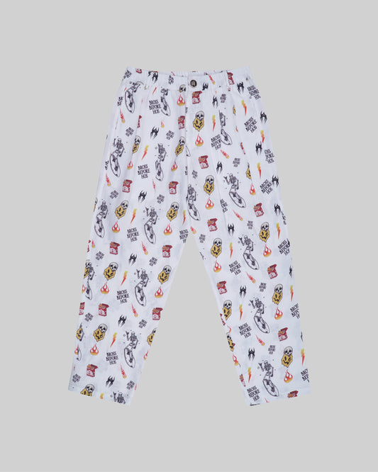 Relaxed fit linen printed pants in white from Bross Before Hos Boutique, featuring a comfortable, stylish design.