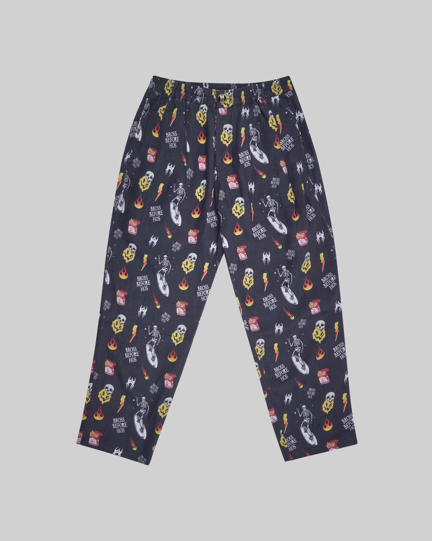 Black relaxed fit linen printed pants from Bross Before Hoss Boutique, shown with comfortable, stylish design and lightweight fabric.