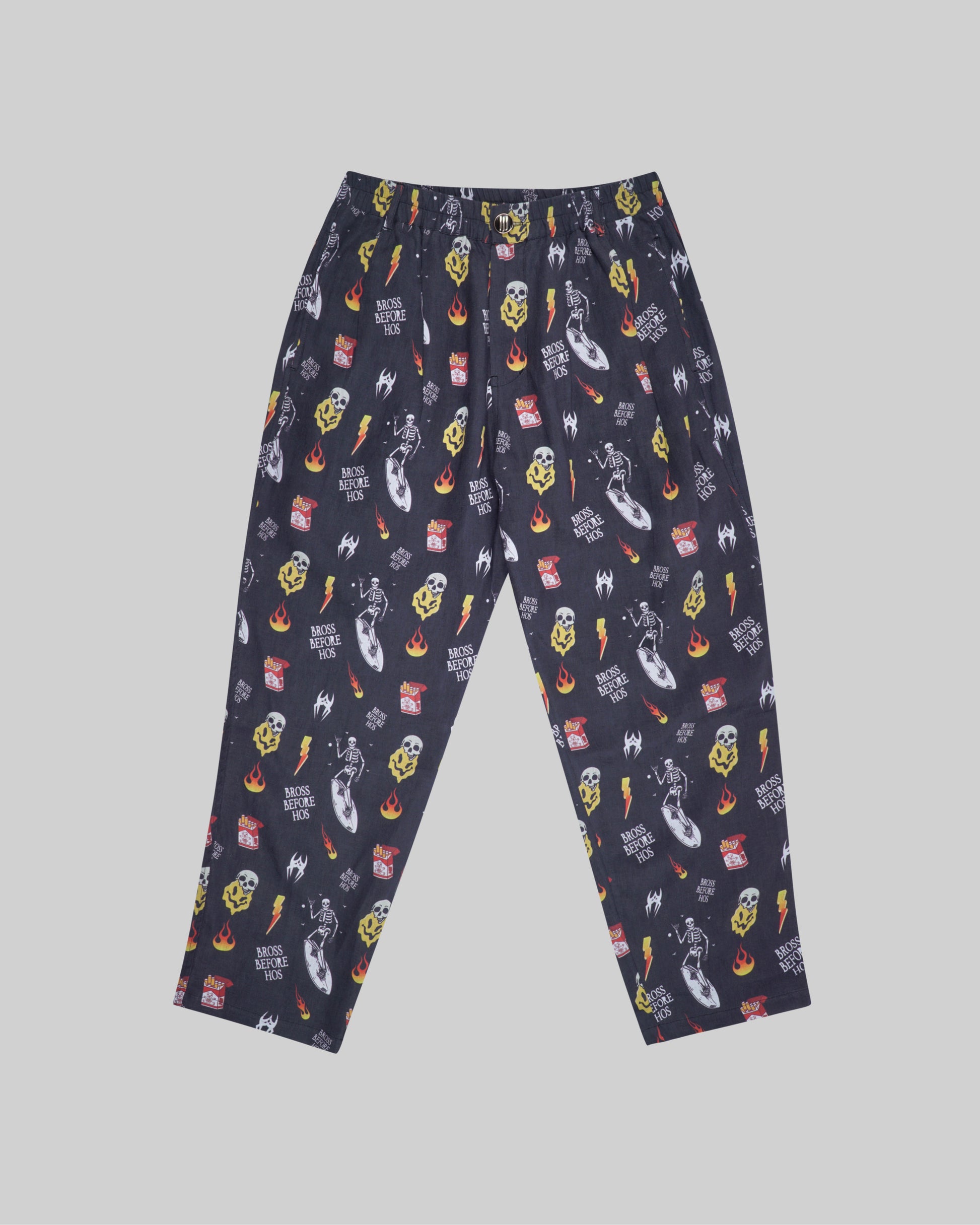 Black relaxed fit linen printed pants from Bross Before Hoss Boutique, shown with comfortable, stylish design and lightweight fabric.