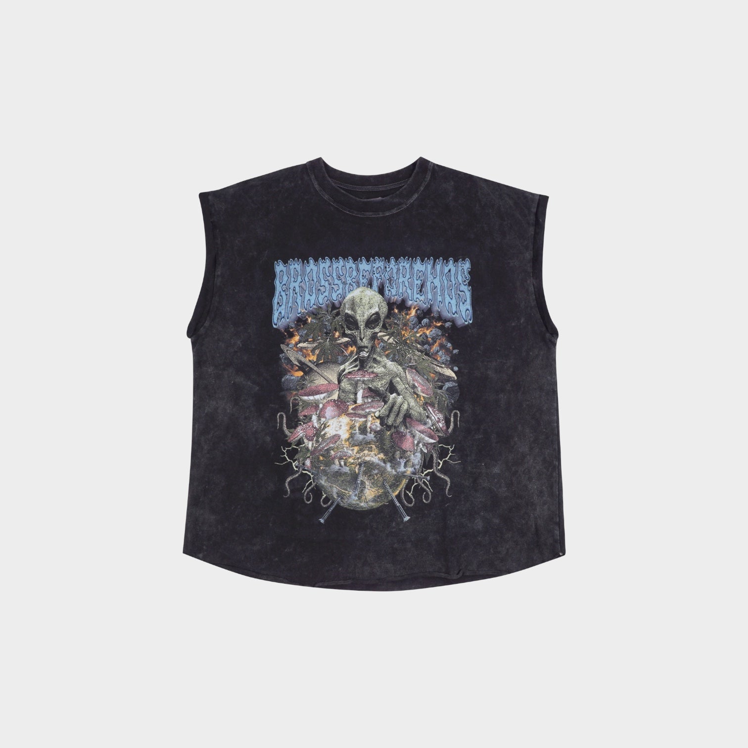 Black muscle top from Bross Before HOS Boutique with a colorful alien print on the front, sleeveless and fitted.