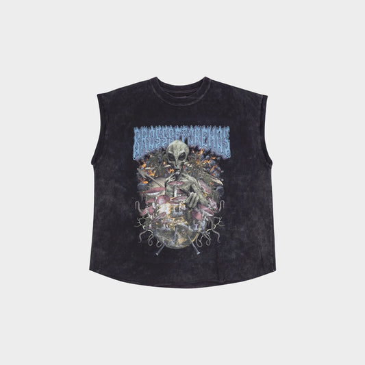 Black muscle top from Bross Before HOS Boutique with a colorful alien print on the front, sleeveless and fitted.