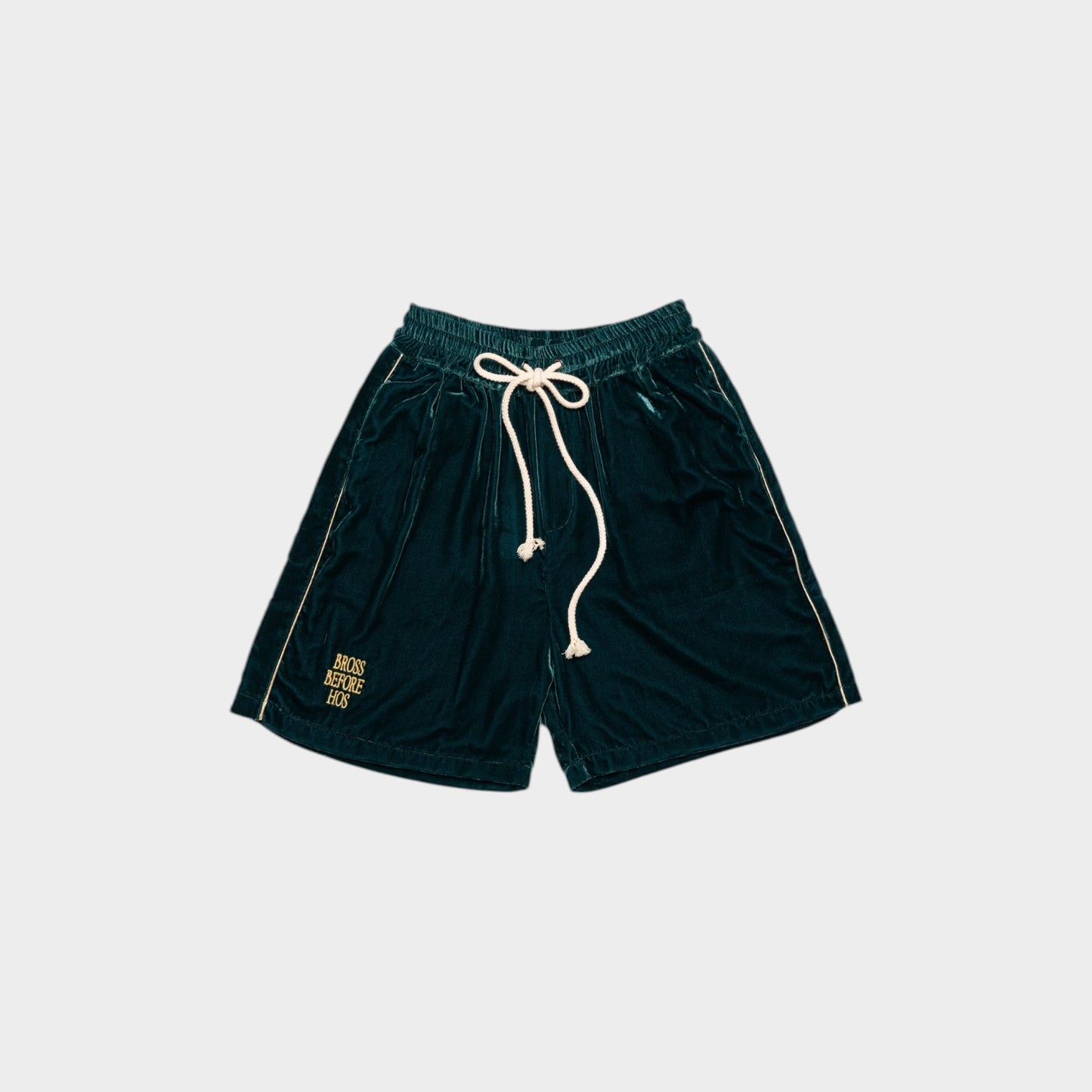 Silk velvet track shorts by Bross Before Hos Boutique featuring a smooth, shiny fabric and relaxed fit for casual wear.