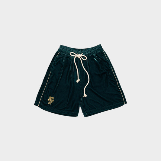 Silk velvet track shorts by Bross Before Hos Boutique featuring a smooth, shiny fabric and relaxed fit for casual wear.