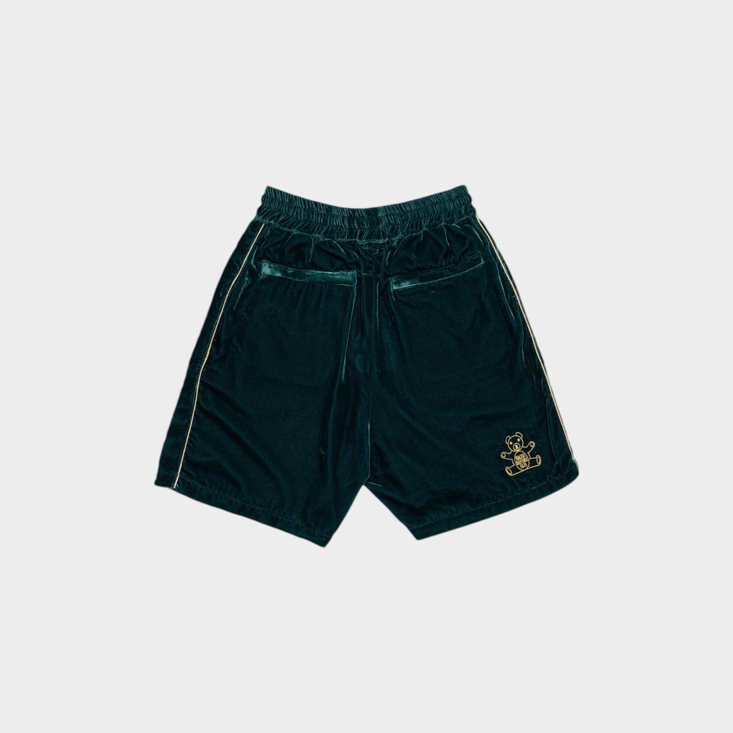 Silk velvet track shorts in deep color, featuring a relaxed fit and stylish design from Bross Before HOS Boutique.